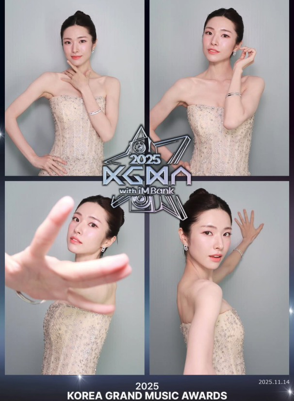 하영이 2025 KGMA 레드카펫에서 우아한 드레스를 입고 포즈를 취하는 모습