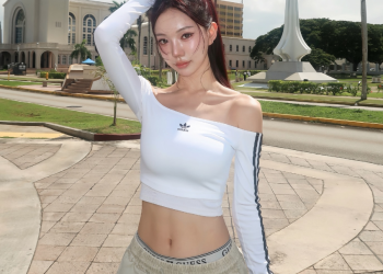 괌에서 크롭탑을 입고 촬영한 모델 이예닮