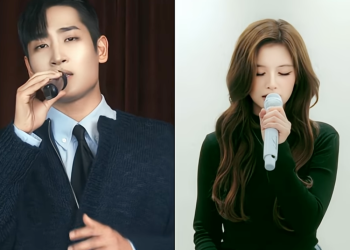 가수 박재정과 엔믹스 설윤이 각자 마이크를 들고 노래하는 모습