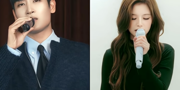가수 박재정과 엔믹스 설윤이 각자 마이크를 들고 노래하는 모습