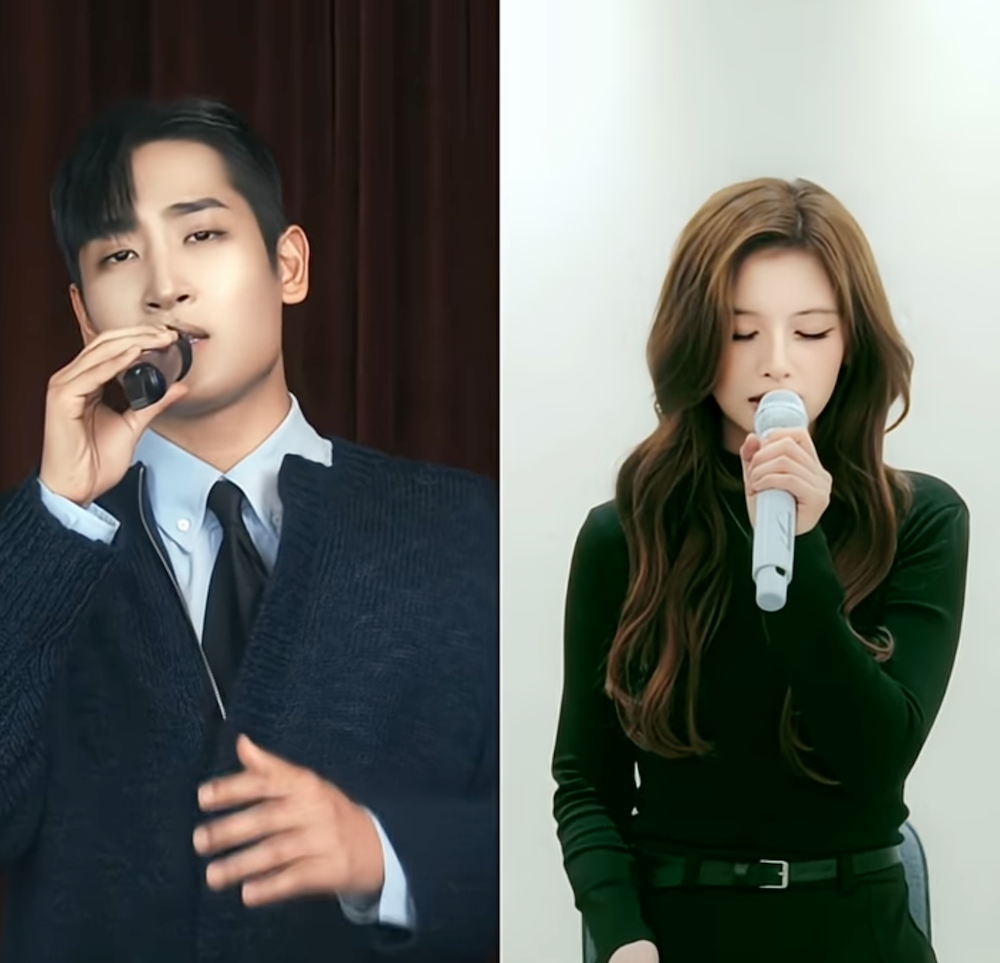 가수 박재정과 엔믹스 설윤이 각자 마이크를 들고 노래하는 모습